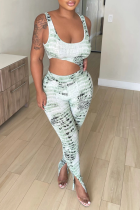 Green Sexy Print Patchwork U Neck Skinny Jumpsuits
