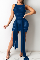 Dark Blue Sexy Solid See-through O Neck Irregular Dress Dresses