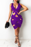 Purple Sexy Patchwork Solid Hollowed Out V Neck Asymmetrical Dresses