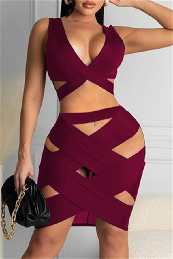 Burgundy Fashion Sexy Solid Hollowed Out V Neck Sleeveless Two Pieces