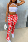 Rose Red Casual Print Patchwork Skinny Mid Waist Pencil Full Print Bottoms