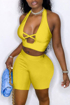 Yellow Fashion Sexy Solid Hollowed Out Backless Halter Sleeveless Two Pieces