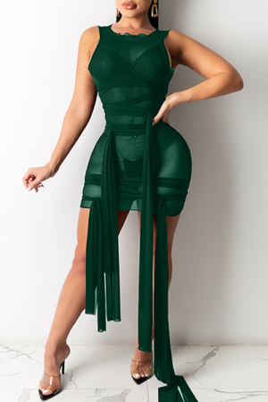 Dark Green Sexy Solid See-through O Neck Irregular Dress Dresses