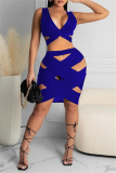 Peacock Blue Fashion Sexy Solid Hollowed Out V Neck Sleeveless Two Pieces