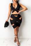 Black Fashion Sexy Solid Hollowed Out V Neck Sleeveless Two Pieces
