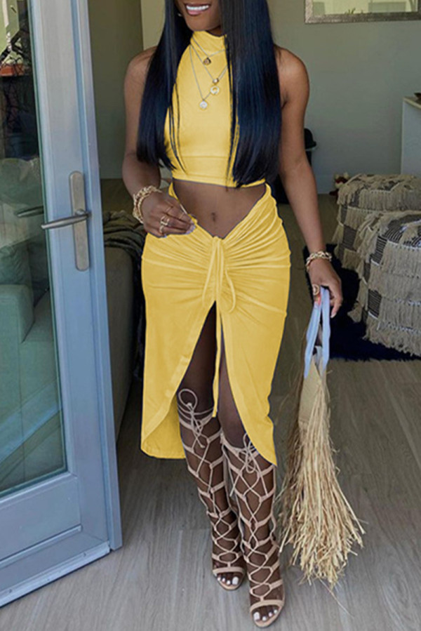 Yellow Sexy Casual Solid Slit Turtleneck Sleeveless Two Pieces