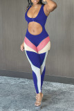 Blue Fashion Sexy Patchwork Hollowed Out U Neck Skinny Jumpsuits
