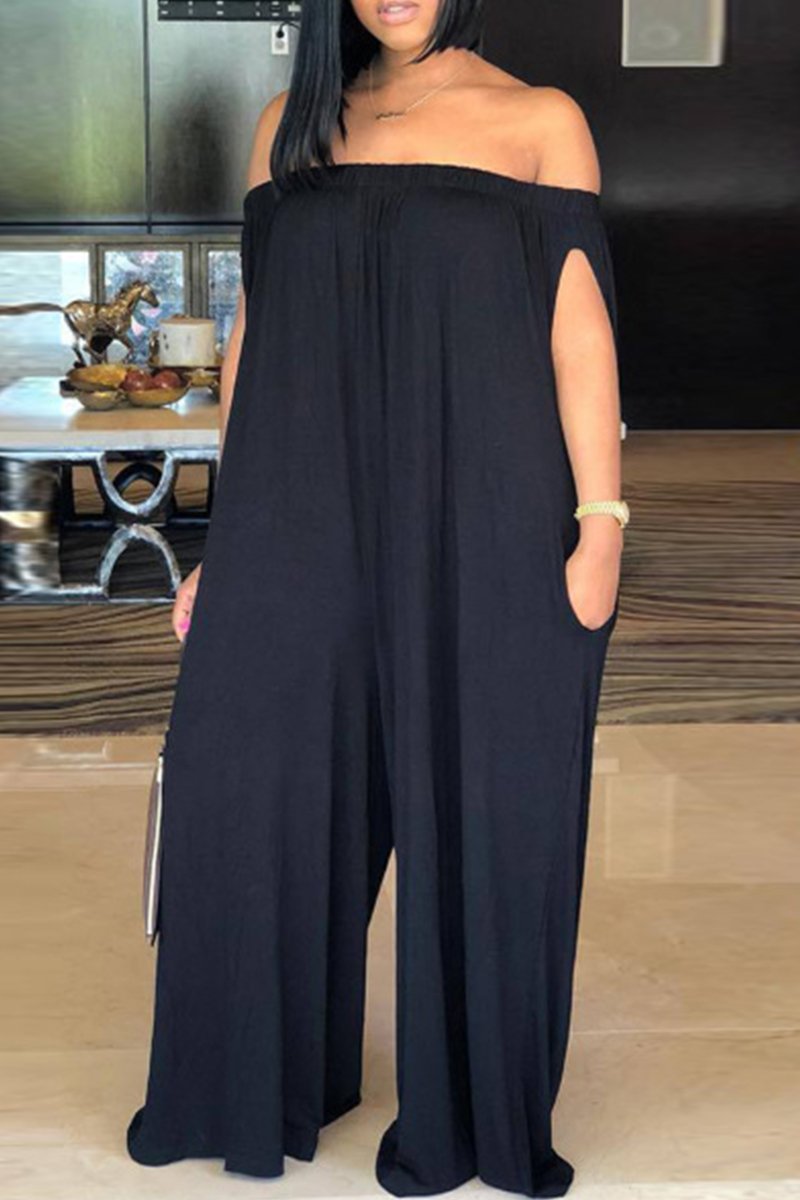 Black Fashion Casual Solid Backless Off the Shoulder Loose Jumpsuits ...
