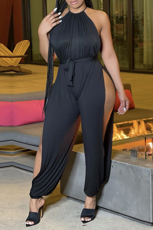 Casual Solid Buckle Halter Harlan Jumpsuits