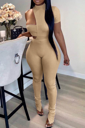 Khaki Sexy Solid Patchwork Half A Turtleneck Short Sleeve Three Pieces