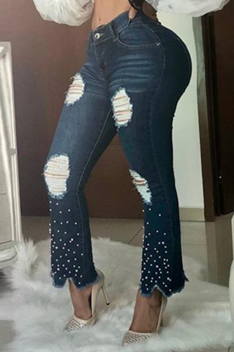 Dark Blue Denim Button Fly Zipper Fly High washing Zippered Solid Beading Asymmetrical Hole Boot Cut Pants 