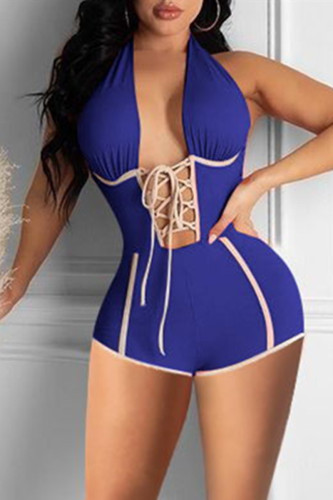 Royal Blue Fashion Sexy Solid Patchwork Backless Spaghetti Strap Skinny Romper