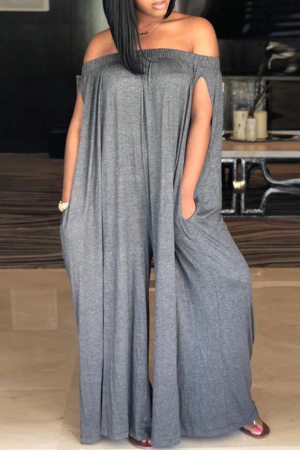 Grey Fashion Casual Solid Backless Off the Shoulder Loose Jumpsuits