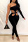 Black Fashion Sexy Solid Hollowed Out Backless One Shoulder Skinny Jumpsuits