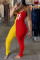 Yellow Red Fashion Sexy Letter Print Split Joint Backless Fold O Neck Skinny Jumpsuits