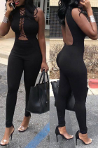 Black Fashion Sexy Solid Hollowed Out Backless Half A Turtleneck Skinny Jumpsuits