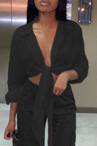 Black Casual Solid Bandage Turndown Collar Tops