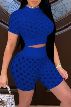 Peacock Blue Sexy Solid Hollowed Out O Neck Half Sleeve Two Pieces