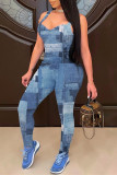 Blue Fashion Sexy Print Backless Square Collar Regular Jumpsuits