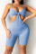 Blue Fashion Sexy Solid Hollowed Out Backless V Neck Skinny Romper