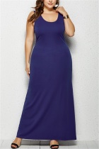 Dark Blue Minimalist Plus Size Knit Round Neck Sleeveless Dress