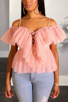 Pink V Neck Short Sleeve Solid Mesh Tees & T-shirts