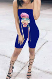 Blue Sexy Casual Print Backless Strapless Skinny Romper