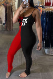Red Black Fashion Sexy Letter Print Patchwork Backless Fold O Neck Skinny Jumpsuits