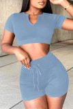Blue Gray Fashion Casual Solid Basic V Neck Short Sleeve Two Pieces