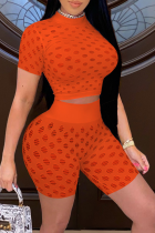 Tangerine Red Sexy Solid Hollowed Out O Neck Half Sleeve Two Pieces