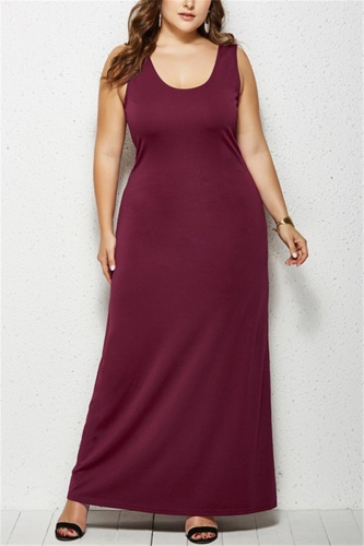 Wine Red Minimalist Plus Size Knit Round Neck Sleeveless Dress