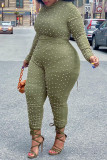 Green Fashion Casual Solid Beading Half A Turtleneck Regular Jumpsuits
