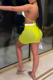 Yellow Sexy Solid Sequins Mesh Halter Sleeveless Two Pieces