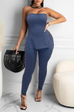 Blue Sexy Casual Solid Backless Slit Strapless Sleeveless Two Pieces