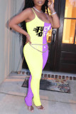 Yellow Purple Fashion Sexy Letter Print Patchwork Backless Fold O Neck Skinny Jumpsuits