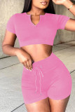 Pink Fashion Casual Solid Basic V Neck Short Sleeve Two Pieces