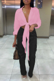 Pink Casual Solid Bandage Turndown Collar Tops