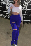 Blue Fashion Casual Solid Ripped Slit Regular High Waist Trousers