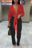 Red Casual Solid Bandage Turndown Collar Tops