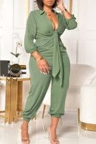 Green Fashion Casual Solid Basic V Neck Plus Size Jumpsuits
