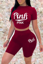 Burgundy Fashion Casual Letter Print Basic O Neck Short Sleeve Two Pieces