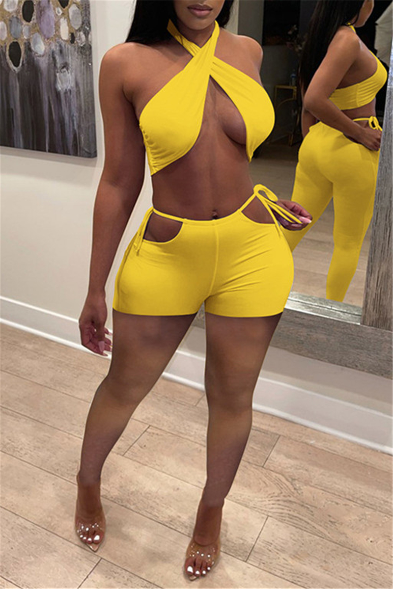 Wholesale Yellow Fashion Sexy Solid Hollowed Out Backless Halter Sleeveless Two Pieces K16122 5 5191