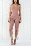 Pink Casual Patchwork Solid Milk. Sleeveless V Neck Rompers