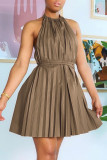 Brown Sexy Casual Solid Backless Halter Pleated Dresses