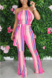 Rose Red Sexy Striped Printed Sleeveless Jumpsuit