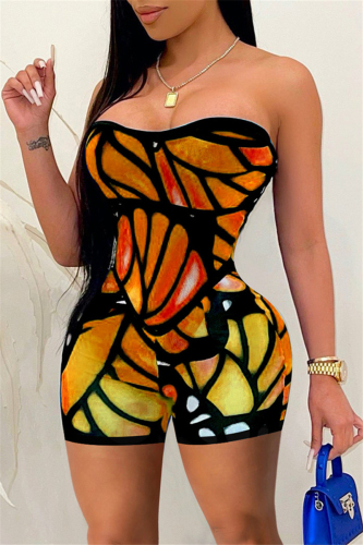 Orange Yellow Fashion Sexy Print Backless Strapless Skinny Romper