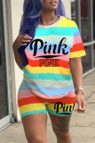 Multicolor Fashion Casual Striped Print Letter O Neck Short Sleeve Two Pieces