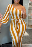 Yellow Sexy Casual Striped Print Backless One Shoulder Regular Jumpsuits