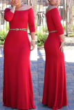 rose red Sexy Solid Patchwork Off the Shoulder Asymmetrical Dresses