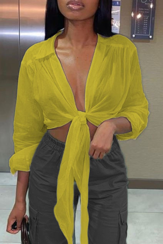 Yellow Casual Solid Bandage Turndown Collar Tops